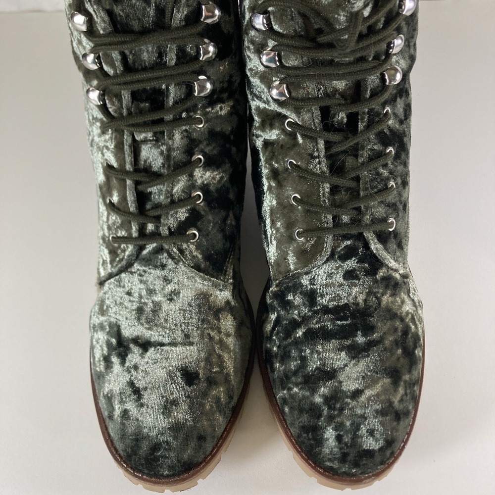 Qupid Green Velvet Combat Boots Womens 8 Velour Whimsigoth Lace Up Ankle Shoe - Picture 7 of 12